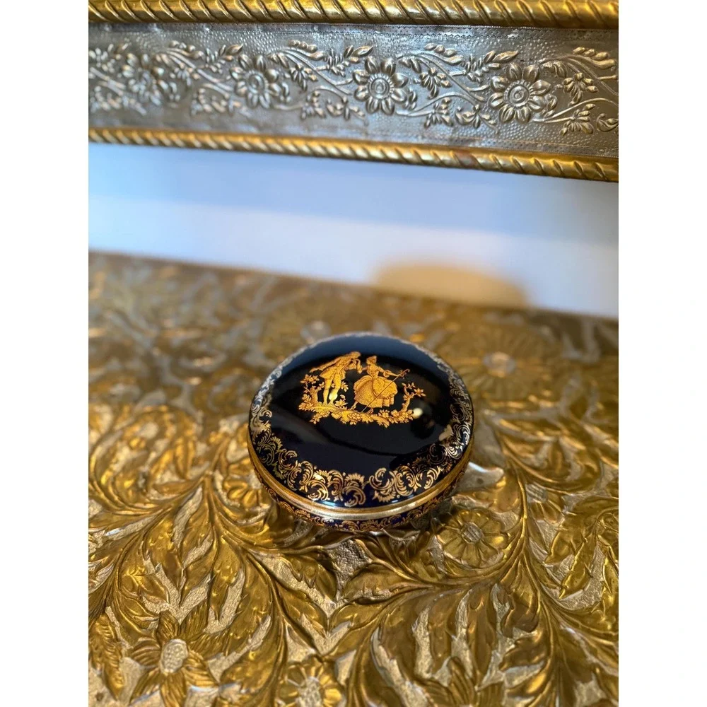 Vintage Limoges Cobalt Blue Gold Trinket Box, French Porcelain 4.5